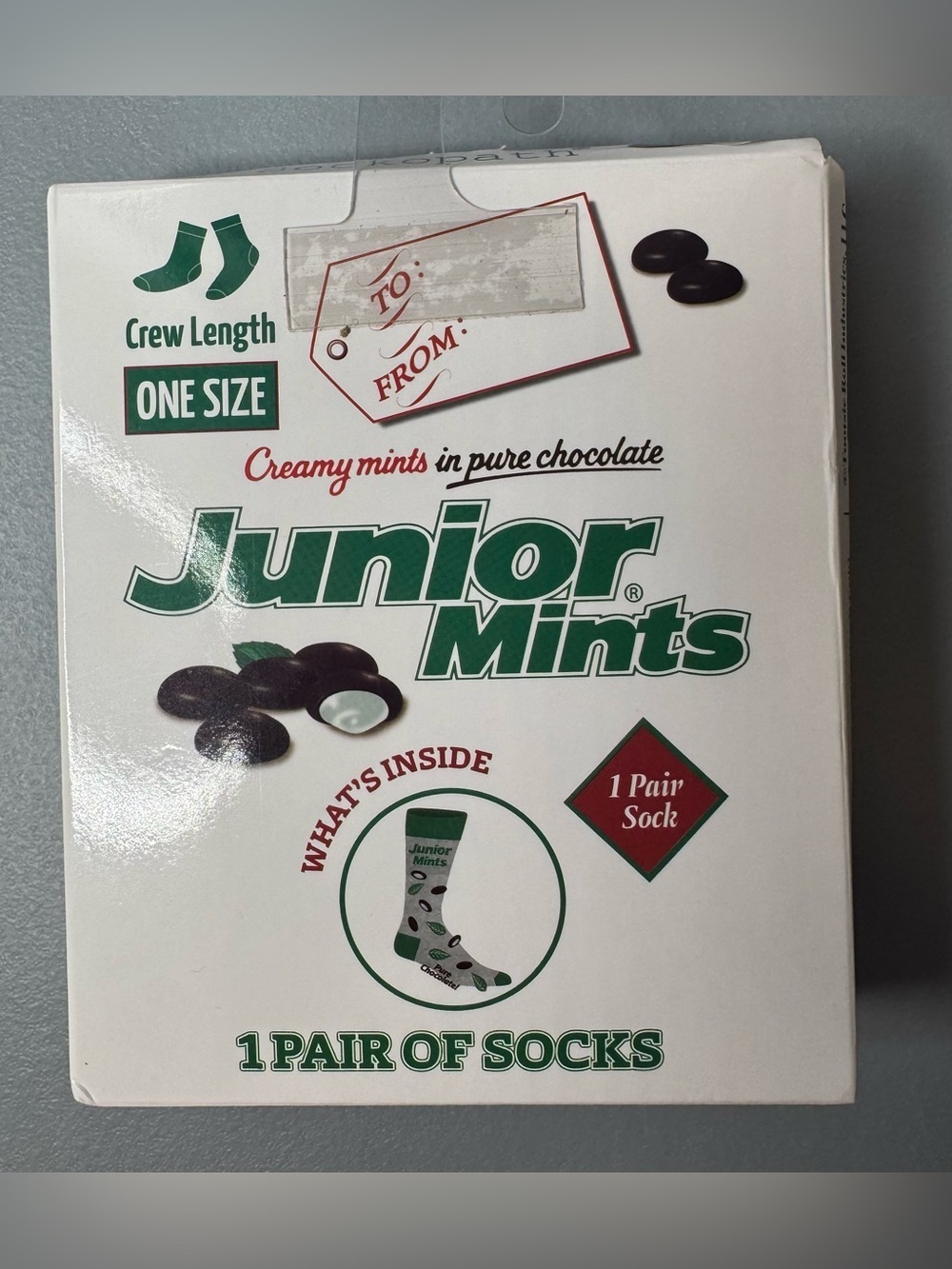 Junior Mints Crew Length Socks - White & Green chocolate logo unisex one size
